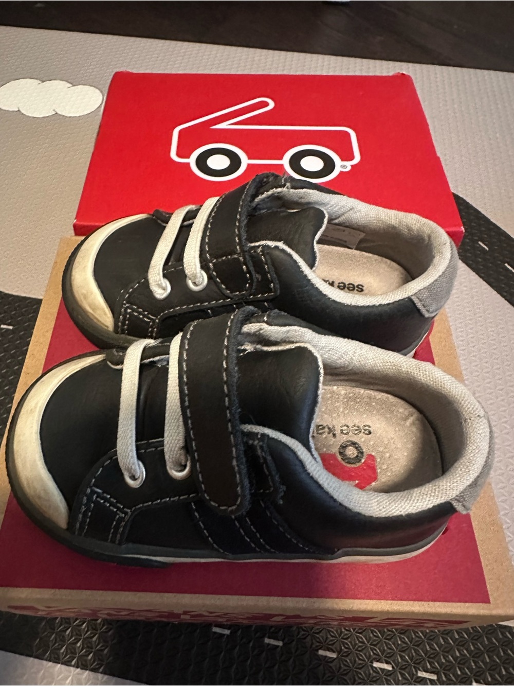 See Kai Run Black and White Kids Sneakers with Red Accent